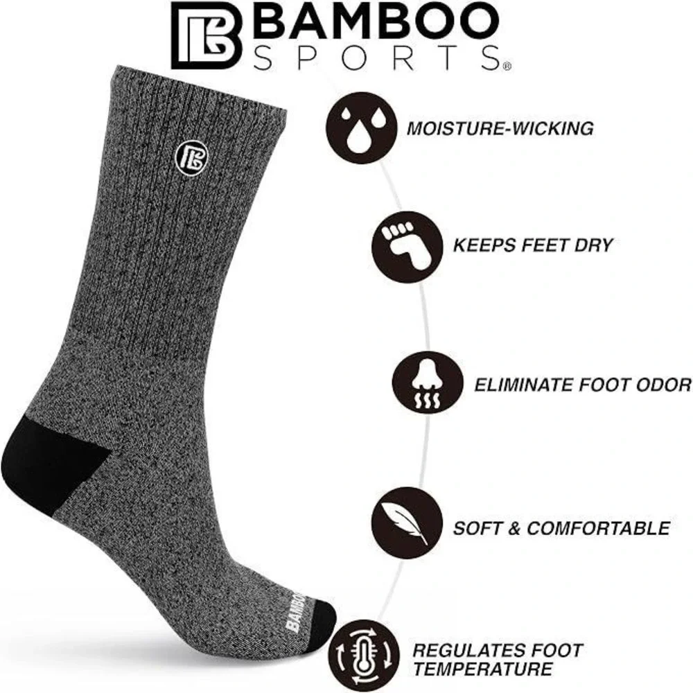 Bamboo Sports 6pk Unisex Premium Bamboo Rayon Work Hiking Crew Socks - Gray - L